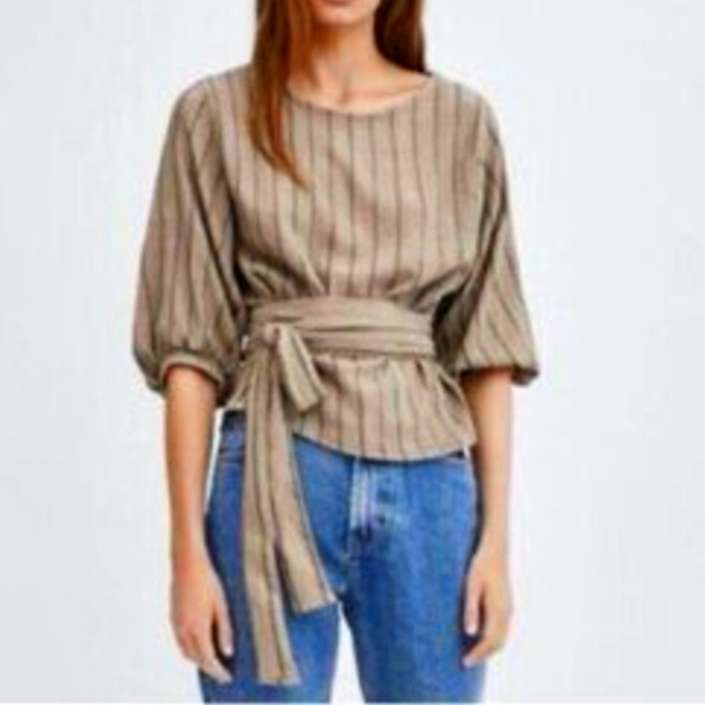 Zara Tracful Tan Peplum Tie Blouse with Tie Front and 3/4 Sleeves Womens Small